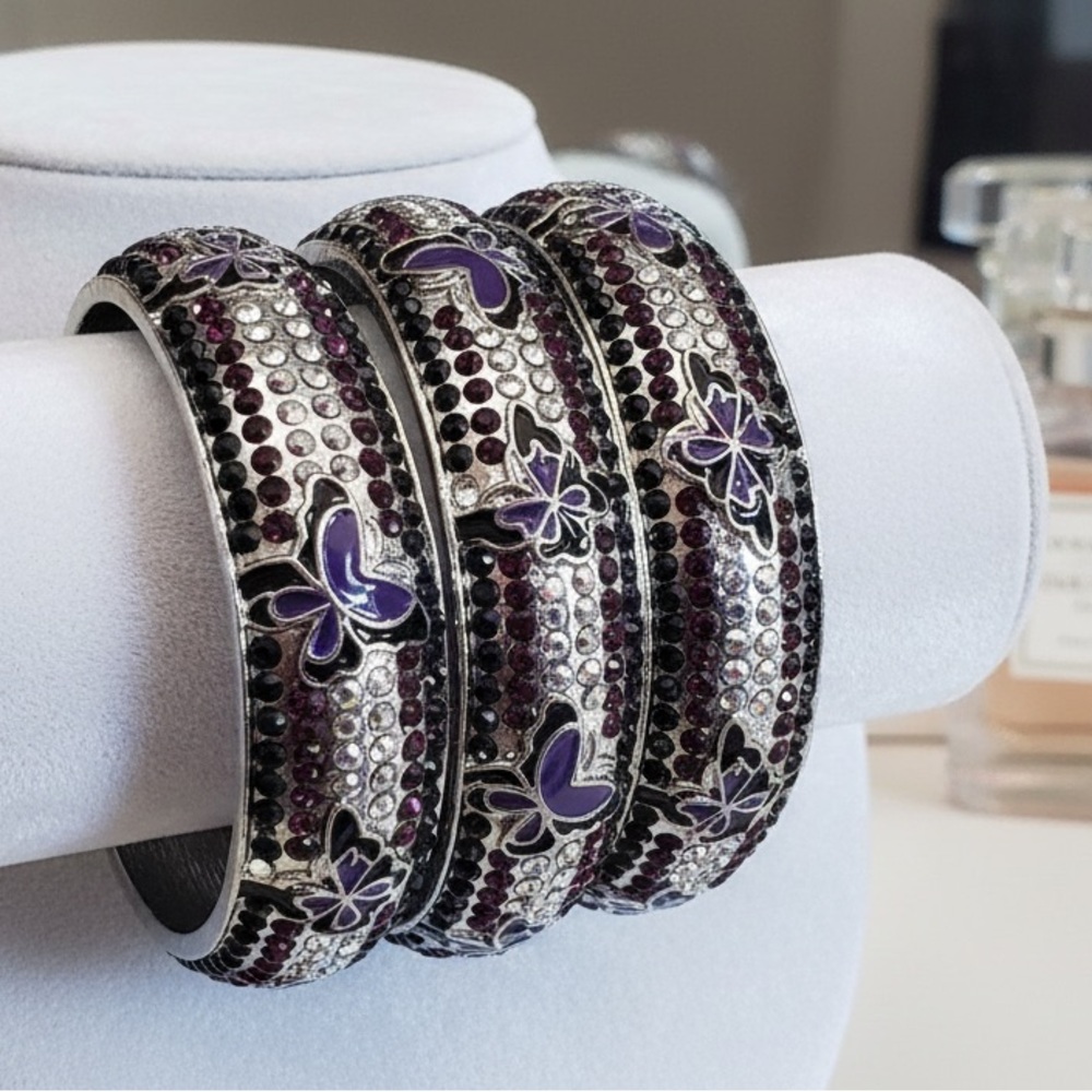 Chic Silver and Purple Butterfly Bracelet Trio